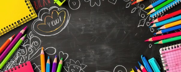 Blackboard top view with colorful stationery and doodle art, back to school banner.