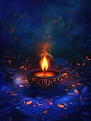 Wall Mural - Candle on blue background with leaves