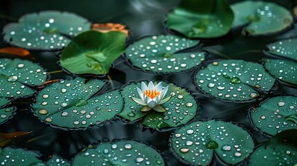 Wall Mural -   A white and orange water lily surrounded by green leaves with water droplets on the leaves