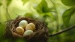 © NEW - Close-up of a bird's nest with speckled eggs, nestled in green foliage, symbolizing new life and nature's beauty.