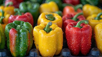 Wall Mural -   A close-up of a group of peppers with drops of water on their tops and bottoms