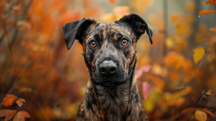 Mountain Cur dog with brindle coat gazing at camera