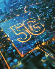Futuristic 5G microchip illustration with glowing neon circuits, representing advanced technology and high-speed connectivity.