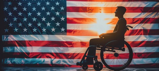 Wall Mural - Silhouette of person in wheelchair on rainbow colorful background. LGBT pride gay lesbian gender equality movement symbol. Generative AI technology.