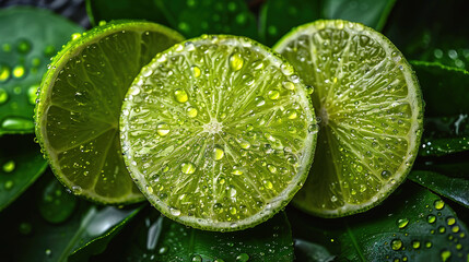 Wall Mural -   Two close-up limes with water droplets and nearby green leaves with water