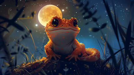 a yellow frog with a black eye sits in the grass under a full moon, while a white and orange frog looks on