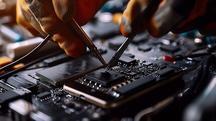 Wall Mural - close-up of hands repairing smartphone with precision tools, technology service expertise