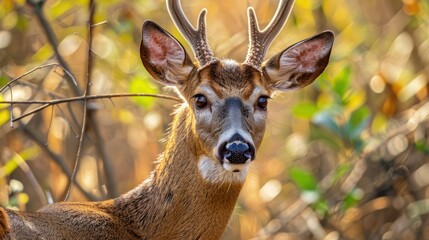 Young male White Tailed Deer with antlers in close up gaze at camera