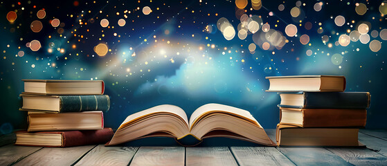 Wall Mural - open book on table with stacks of books and magical sparkling lights, fantasy and knowledge
