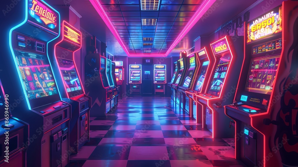 A colorful, neon-lit retro arcade with rows of classic video game ...