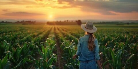 Poster - Woman in hat standing in cornfield