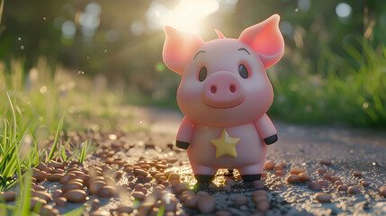 Wall Mural - a pink pig with black eyes and a pink nose sits on a bed of green grass, surrounded by a yellow star and a long arm