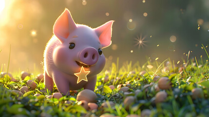 Wall Mural - a pink and white pig with black eyes and a pink nose sits in the grass, with an open mouth and a white star in the background