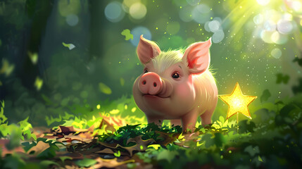 Wall Mural - a pink pig with a black eye and pink nose stands in the grass, with a yellow star in the background