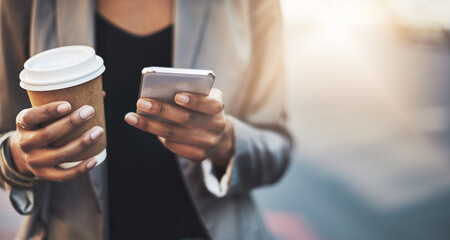 Poster - Business woman, latte and hands with phone in city for communication, networking and social media. Female person, coffee and travel with smartphone to work for email, clients and app while trading