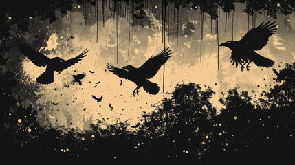 Wall Mural -  background with clean, minimalist raven silhouettes either in flight or perched, using a dark color scheme to evoke the mysterious and eerie vibe of Halloween