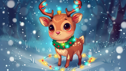 a festive christmas scene featuring a deer wearing a green scarf, with a pink nose and black eye, standing in front of a white and blue poster