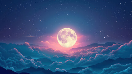 Wall Mural - minimalist background featuring a simple full moon with abstract clouds scattered around, set against a dark sky to evoke the Halloween night atmosphere