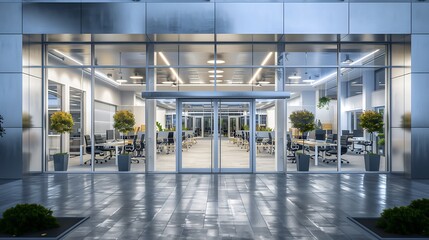 glass entrance to modern office, sleek workspace with desks, plants, glowing office lights