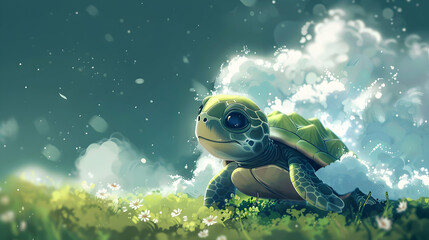 a turtle in the grass under a blue sky with a white flower in the foreground
