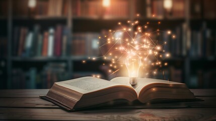 Wall Mural - open book with glowing light bulb and neural patterns, cozy dim library, creativity and knowledge