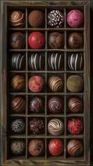 Wall Mural - A wooden box filled with assorted chocolates and candies. AI.