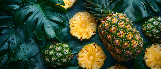 Wall Mural - Fresh Pineapples and Tropical Leaves on Dark Background with Water Droplets