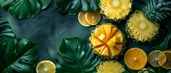 Wall Mural - Fresh Tropical Pineapple and Citrus Fruits with Green Leaves on Dark Background