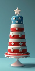 Sticker - A cake with stars and stripes on top is sitting in a stand. AI.