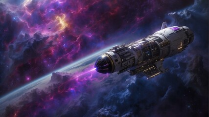 Wall Mural - a spaceship is flying through space in front of a purple and blue nebula. ai.