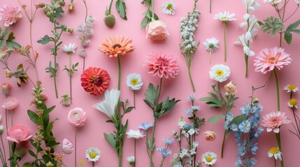 Sticker - Artistic layout of flowers on pink backdrop Floral display