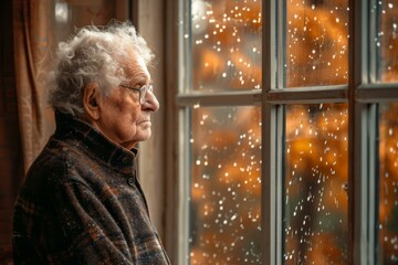 Poster - An older man looking out a window at the falling snow. AI.