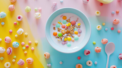 Colorful breakfast cereal with milk in a bowl on vibrant background, bright and playful morning meal