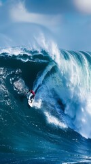 Poster - A surfer riding a large wave in the ocean on his surfboard. AI.