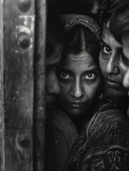 Canvas Print - A group of people looking at each other through a door. AI.