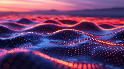 Wall Mural - A close up of a wave pattern with red and orange lights. AI.
