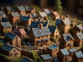 Poster - A miniature village of houses and a small pond. AI.