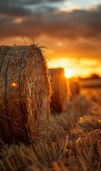 Canvas Print - A hay bales are sitting in a field at sunset. AI.