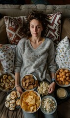 Poster - A woman sitting on a couch with plates of food in front of her. AI.