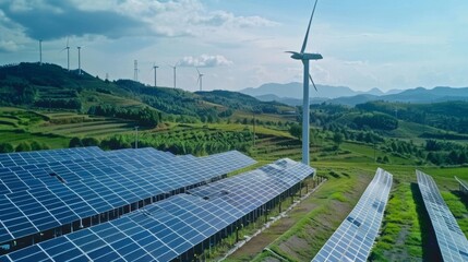solar energy panel photovoltaic cell and wind turbine farm power generator in nature landscape for p