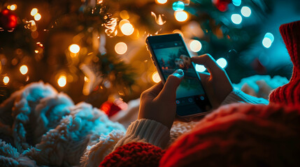 a person holding a cell phone in front of a christmas tree, with a red person visible in the background