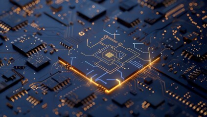 Poster - A close up of a computer chip with glowing lights. AI.