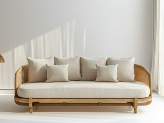 A white couch with a wooden frame and pillows on it. AI.