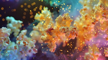 Wall Mural - A close up of popcorn with a colorful background. AI.