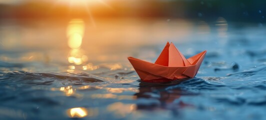 Poster - Orange Paper Boat Floating in Rainwater Puddles