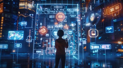 Wall Mural - The whole scene is a digital, connected world. At the center is a character using a smartphone, AI Generative