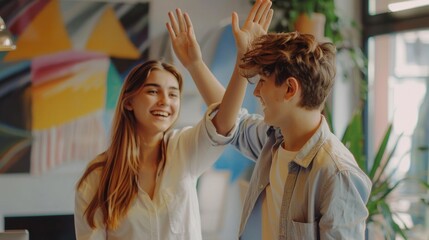 Two young employees, a boy and a girl, about 25 years old, at their workplace, high-five in a relaxed atmosphere. Modern and bright office, AI Generative