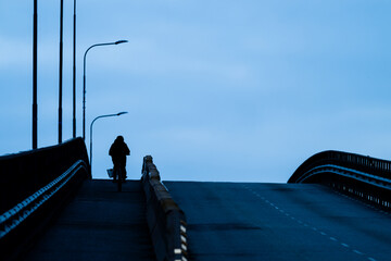 Wall Mural - Bicyclist on its way up an arching bridge.