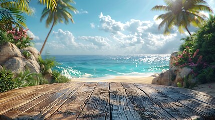 A rustic wooden podium showcasing summer products set on a pristine tropical beach with white sands crystal-clear waters and lush green palm trees swaying in the breeze. 