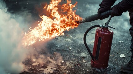 Man using fire extinguisher fighting fire closeup photo